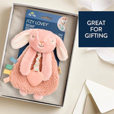 Itzy Ritzy - Itzy Lovey Including Teether - Baby Lovey with Teether, Textured Ribbons & Dangle Arms - Features Crinkle Sound, Sherpa Fabric and Minky Plush (Pink Bunny)