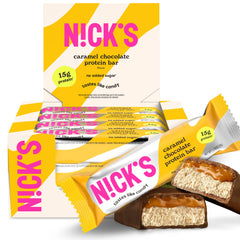 Nick’s Protein Bars Chocolate Caramel – 12-Count Box | Protein-Packed Snack, Low Calories, Low Carbs, Keto Friendly, No Added Sugar (12 bars x 50g)